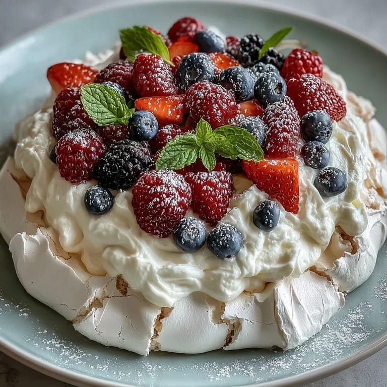3. A perfect Mothers Day dessert: airy pavlova base layered with billowy vanilla whipped cream and an abundant assortment of juicy mixed berries for a fresh, elegant finish.
