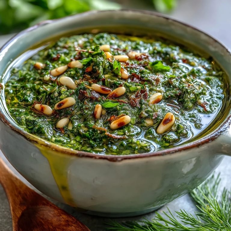 Fresh dandelion pesto featuring garlic and toasted pine nuts, a bold twist on classic Italian sauce.  