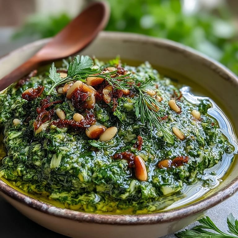 Vibrant dandelion pesto with garlic and pine nuts, perfect for spreading on crusty bread or drizzling over vegetables.
