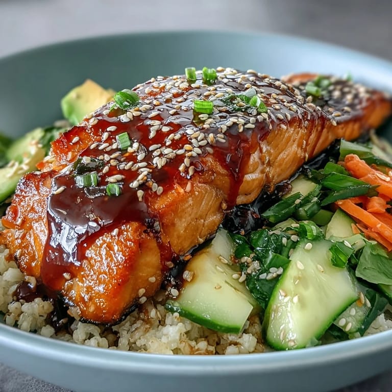 Sweet and savory teriyaki salmon served over fluffy rice with fresh cucumber, avocado, and sesame seed garnish.