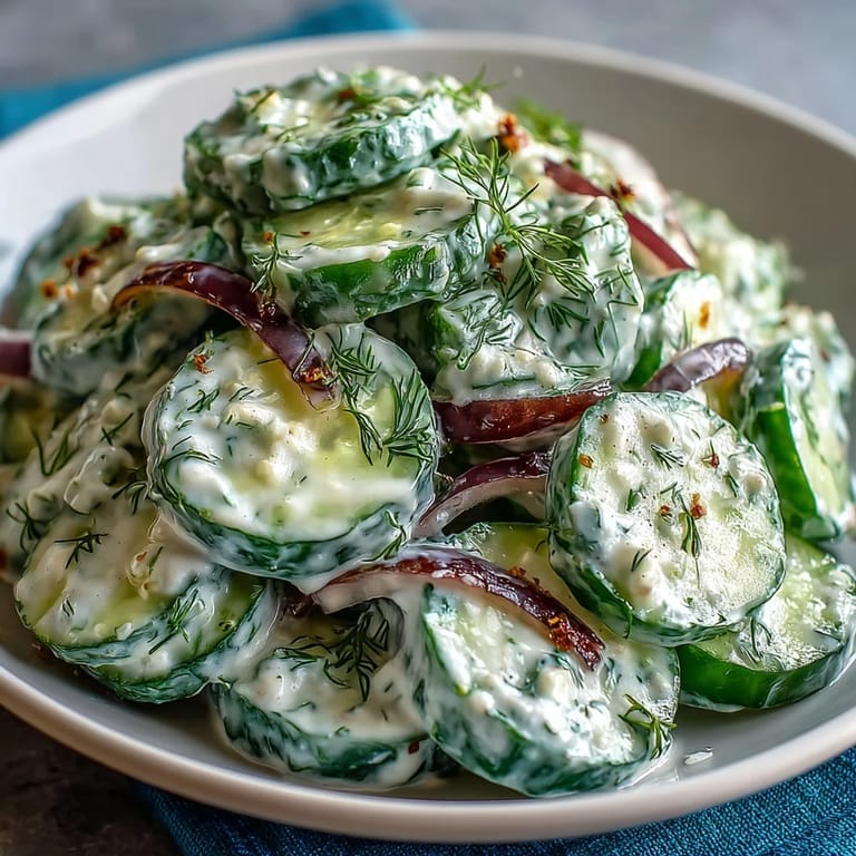 A refreshing bowl of Creamy Cucumber Dill Salad, featuring cool cucumbers and red onion in a creamy herb dressing.