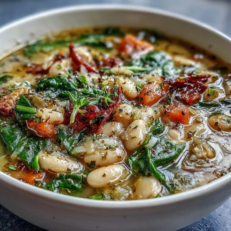 Creamy slow-cooked white bean soup with vibrant spinach, aromatic Italian herbs, and a drizzle of olive oil.  