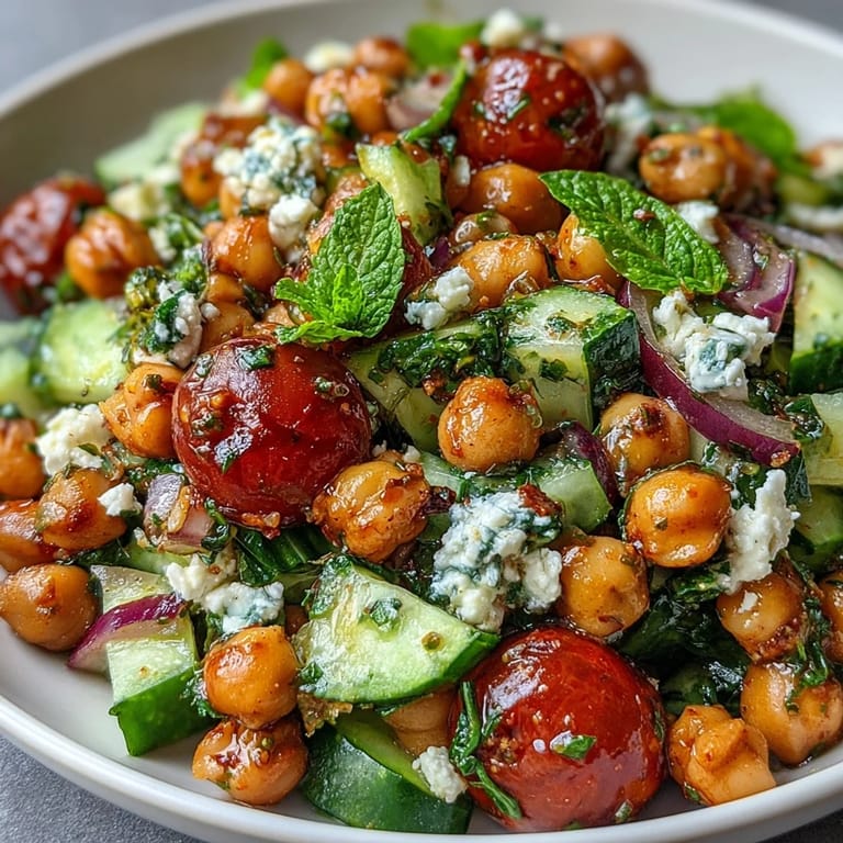 Refreshing vegan chickpea salad with lemon-herb dressing, crisp veggies, and optional feta for tangy contrast.  