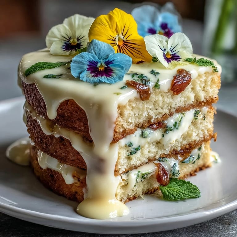 Elegant lemon curd sponge cake decorated with vibrant pressed edible flowers, perfect for spring celebrations and garden parties.