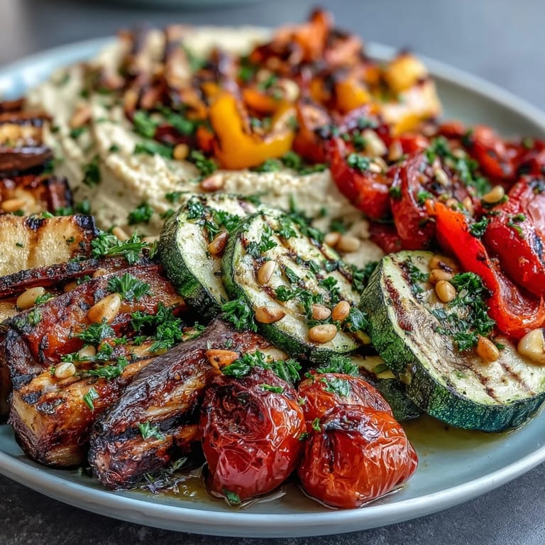 Healthy grilled veggie platter with hummus, showcasing rainbow-colored vegetables and a rich, creamy chickpea dip for a fresh appetizer.