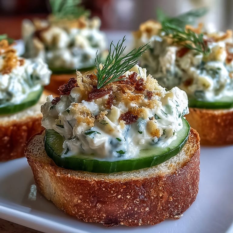 Classic Kentucky Benedictine cucumber canapés served on toasted baguette rounds for Derby parties.  