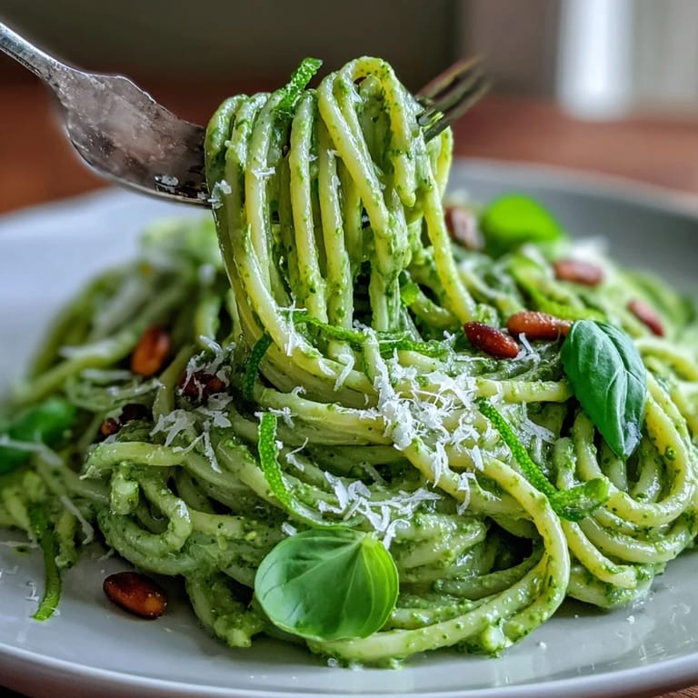 Velvety avocado basil pesto pasta garnished with pine nuts and lemon zest for extra flavor.