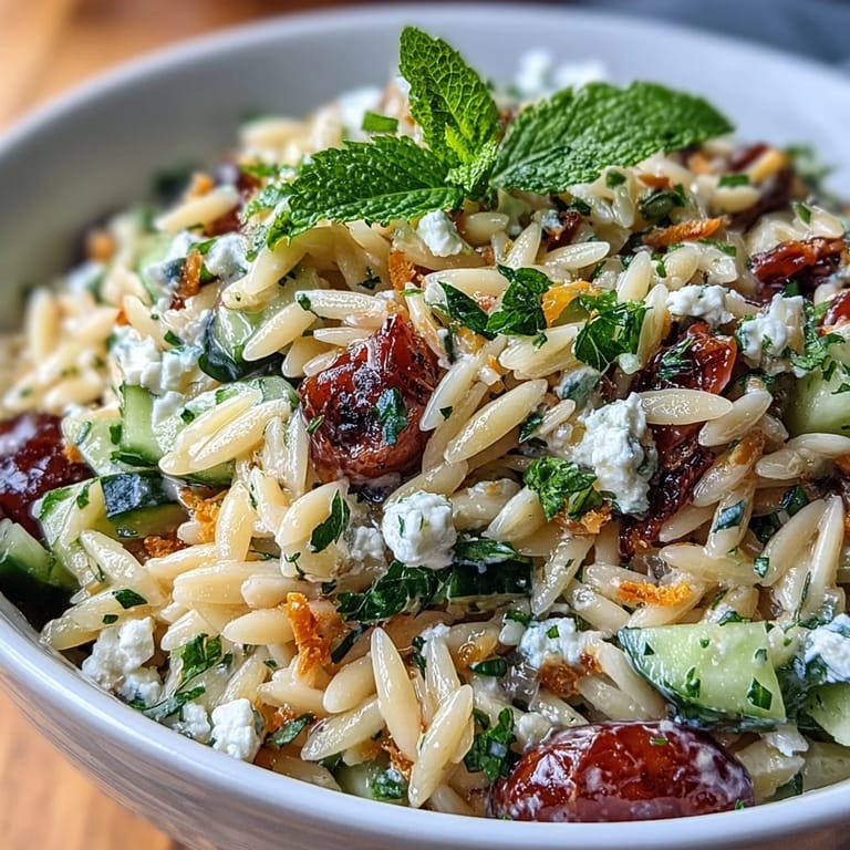 Colorful orzo pasta salad tossed with cucumber, cherry tomatoes, feta, and zesty lemon vinaigrette.  