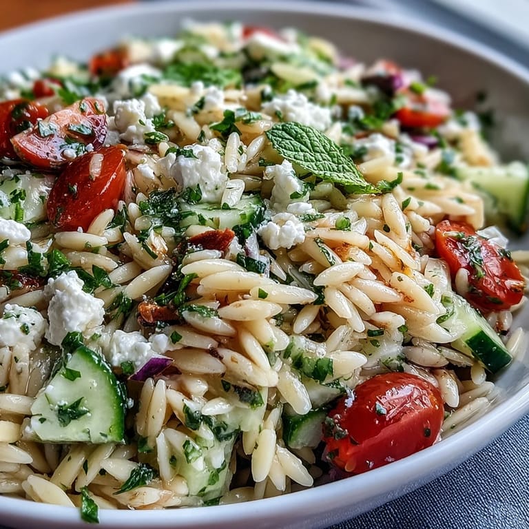 Creamy feta and crisp cucumber orzo salad, drizzled with homemade lemon and olive oil dressing.