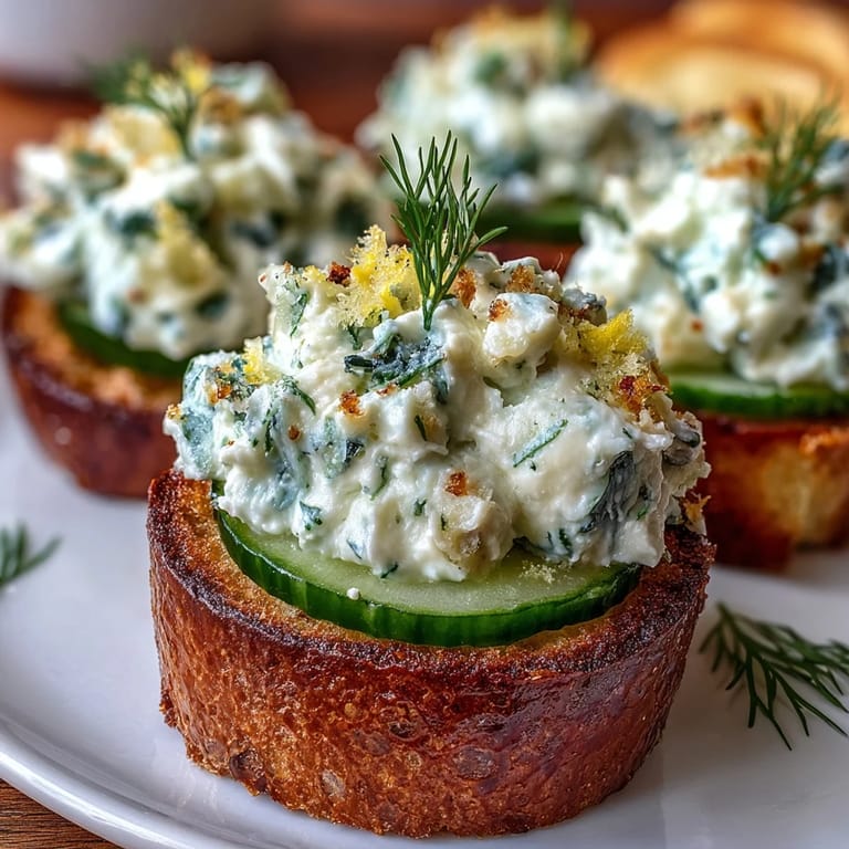 Fresh Benedictine cucumber spread tops crispy bread with cucumber slices, perfect Derby Day appetizer.