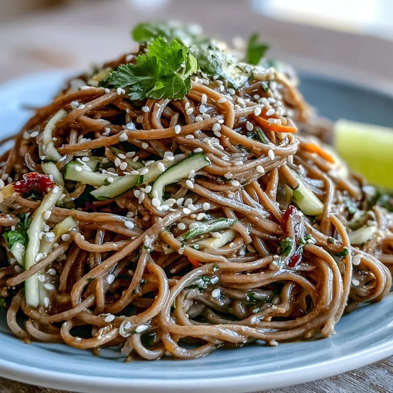Chilled soba noodles tossed with colorful veggies and creamy sesame ginger dressing, perfect for a light summer meal.  