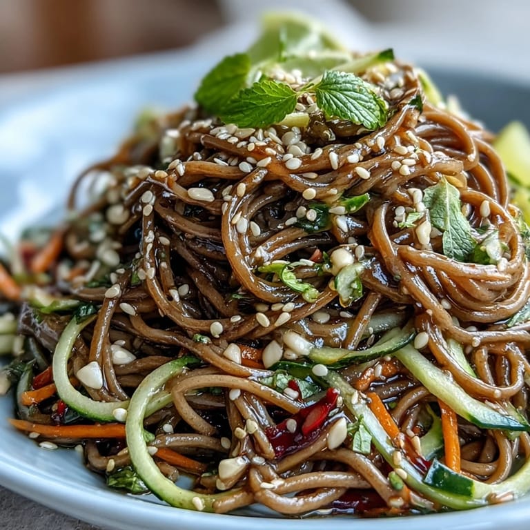 Sesame ginger-dressed cold soba noodle salad with crunchy vegetables, garnished with cilantro and sesame seeds for added texture.
