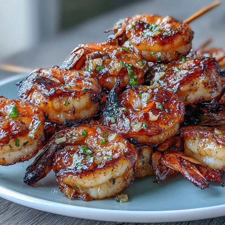 Juicy grilled honey garlic shrimp skewers, perfectly charred with fresh parsley garnish.