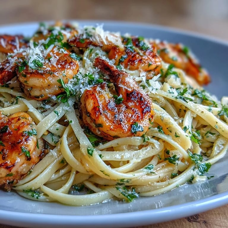 Serving a generous plate of Shrimp Scampi Linguine, glistening with garlicky butter sauce.