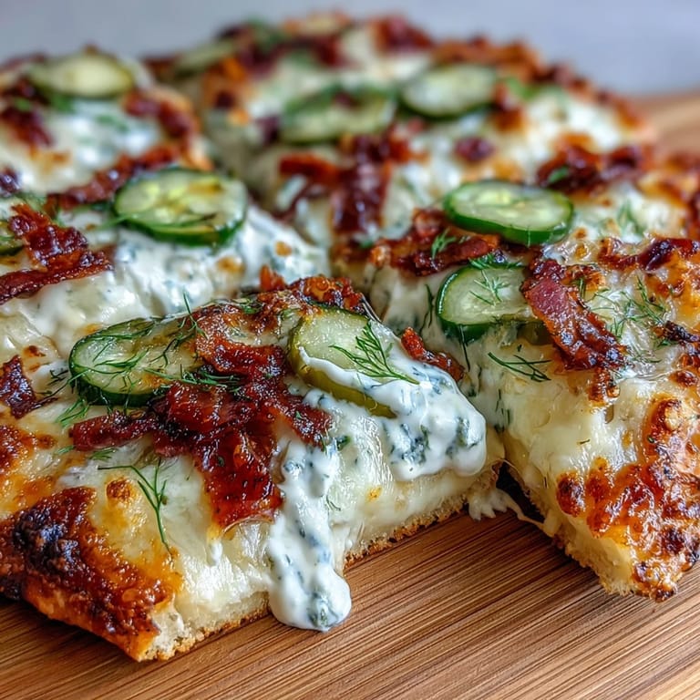 Tangy Pickle Pizza Flatbread showcasing pickles and melted cheese, ready to eat.