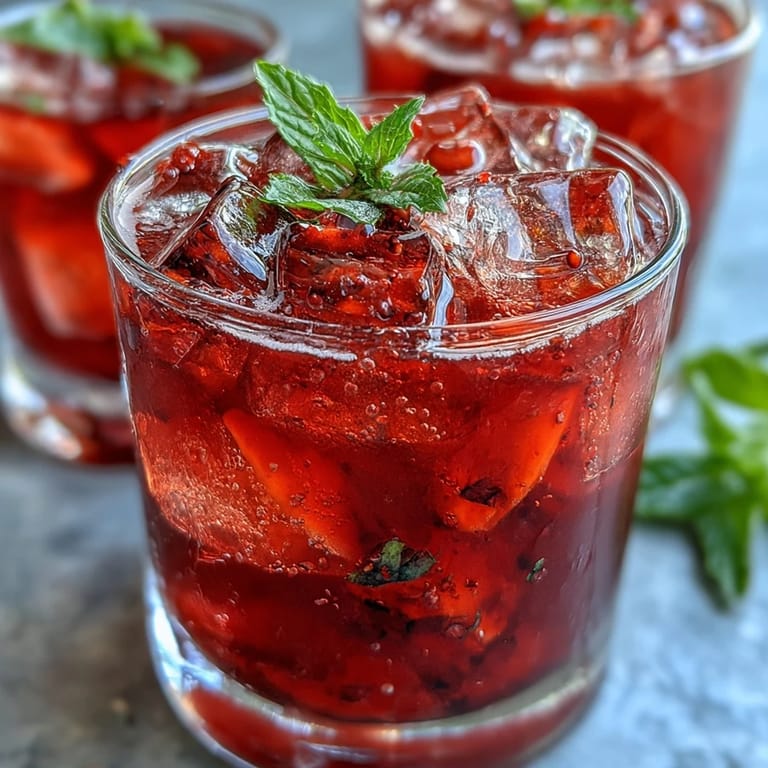 Sweet and tart Juneteenth Red Drink, chilled with strawberry and lemon garnishes.