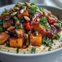 A vibrant bowl of Roast Squash and Hummus Winter Salad showcases golden butternut squash and sweet potatoes on creamy butter bean hummus, garnished with toasted seeds.  