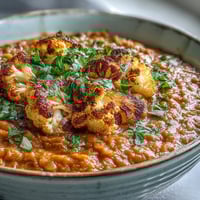 Creamy red lentil dhal with golden, cumin-roasted cauliflower florets, garnished with fresh cilantro, served in a rustic bowl.  