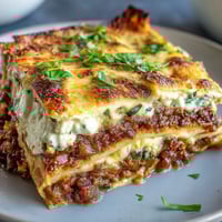 Golden, bubbling One-Pan Smoky Veggie Lentil Lasagne fresh from the oven with melted mozzarella.