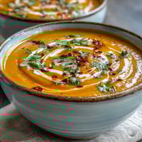 A bowl of vibrant Carrot, Celeriac, and Chilli Soup garnished with fresh coriander and a swirl of vegan yogurt, showcasing its smooth, bright orange texture.