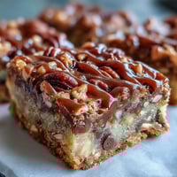 Freshly baked Decadent Sweet and Chewy Turtle Bars with golden caramel swirls and toasted pecans on a rustic board.