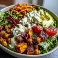 Roasted sweet potatoes and crispy chickpeas top this vibrant Breakfast Buddha Bowl for a nourishing vegan meal.