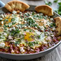 A vibrant Shakshuka Bowl with poached eggs in spiced tomato sauce, served with warm pita bread for dipping.