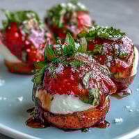 Vibrant strawberry caprese skewers with mozzarella and basil, drizzled with balsamic reduction for a sweet-tangy bite.