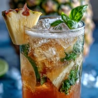 Refreshing pineapple basil agua fresca with vibrant lime and fresh herbs, served over ice with pineapple wedges and basil sprigs.  