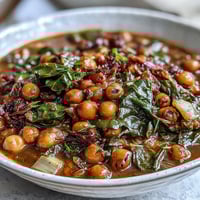 A steaming bowl of Soul Food Black-Eyed Pea and Collard Green Stew, rich with smoky spices and tender greens, perfect for a cozy meal.