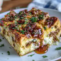 A golden Amish breakfast casserole with hash browns, sausage, and eggs, baked until bubbly and cheesy.