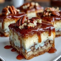 Kentucky Derby Pecan Pie Bars with Bourbon Glaze on a white plate, golden crust and glossy pecan topping drizzled with bourbon icing.