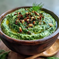 Creamy dandelion pesto with garlic and pine nuts, vibrant green and aromatic, ready to toss with pasta.  