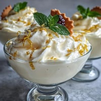 A creamy lemon mousse with bright citrus flavor, served in elegant glasses with crisp buttery shortbread cookies.  