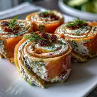 Smoked salmon and cucumber cream cheese pinwheels arranged on a white platter with fresh dill garnish