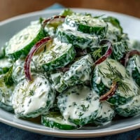 Creamy Cucumber Dill Salad with crisp cucumbers in a tangy sour cream dill dressing, perfect for summer picnics or barbecues.