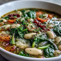 A steaming bowl of Tuscan white bean and spinach soup with tender vegetables and fresh herbs.  