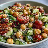 Cold chickpea salad with lemon herbs, cherry tomatoes, and cucumber in a bright Mediterranean bowl.  