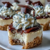 Bite-sized creamy cheesecake on buttery graham crust, topped with whipped cream and festive sprinkles for a graduation party treat.