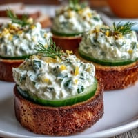 Elegant Derby Day Benedictine cucumber canapés with creamy spread and fresh dill garnish.  