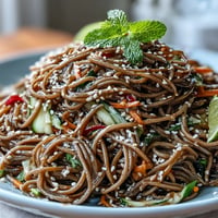 Cold soba noodle salad with sesame ginger dressing, vibrant and refreshing with crisp vegetables and tangy flavor.  