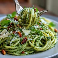 Creamy avocado pesto pasta with fresh basil and Parmesan in a vibrant green sauce.