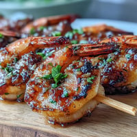 Grilled honey garlic shrimp skewers glistening with savory glaze, ready for summer nights.
