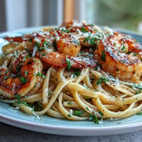Delectable Shrimp Scampi Linguine with zesty lemon and parsley, ready to eat.